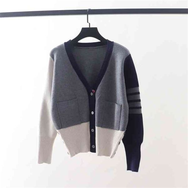 

autumn and winter new tb grey stitched stripe knitted cardigan women's loose casual men's small jacket, White