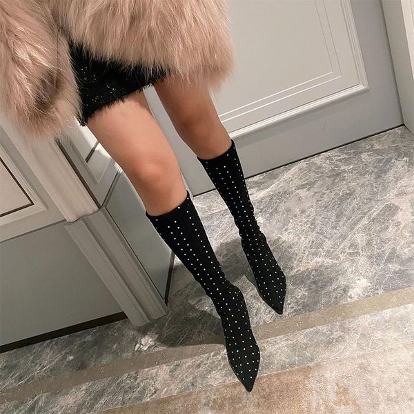 

boots women's knee high 2021 woman crystal flock thin heels ladies lace up pump female pointed toe women fashion shoes, Black