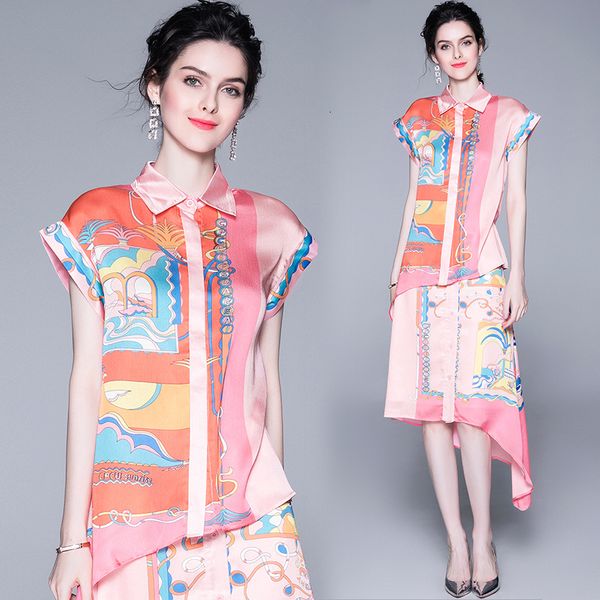 

designer of women ladies summer elegant beautiful floral short sleeves 2 track shirt skirt two sets suit from clothes u770, White