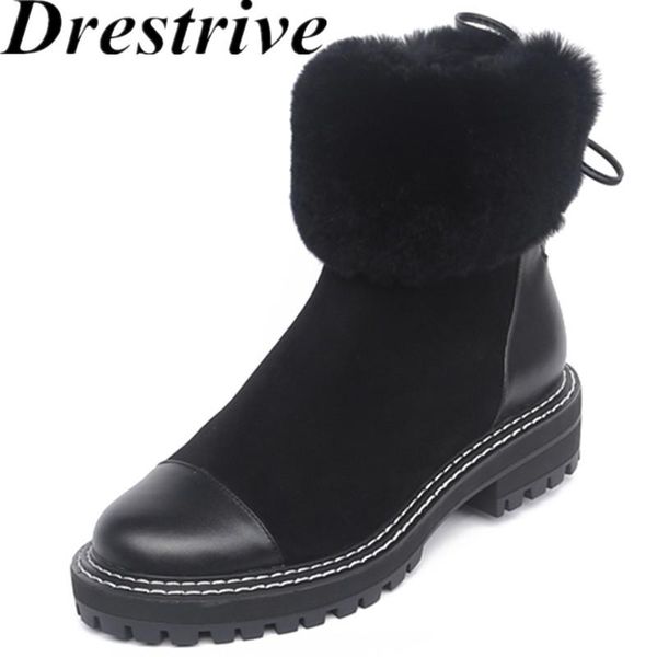 

drestrive woman snow boots round toe cow suede fur thick heels patchwork platform winter shoes lace up girls ankle boots wool, Black