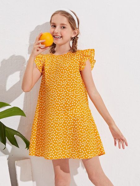 

girls ditsy floral ruffle trim dress she, Red;yellow