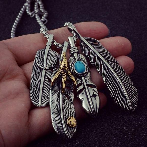 

vintage feather eagle claw pendant necklaces men boho antique silver color leaf long necklace for women summer beach jewelry
