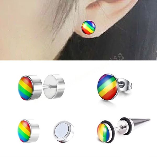 

rainbow stud earrings for women men cartilage fake plug tunnel ear piercing tragus helix bar stainless steel body jewelry, Golden;silver