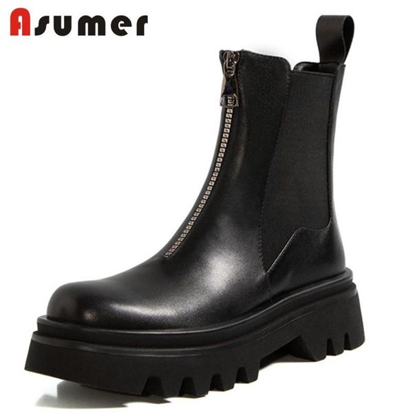 

boots asumer 2021 ankle women genuine leather shoes thick bottom square heel autumn winter cool motorcycle woman, Black