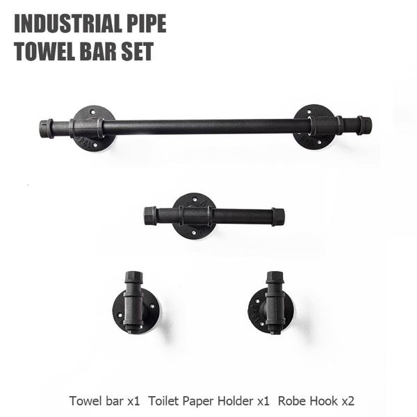 

kinmade industrial iron pipe 4 piece bathroom hardware fixture set wall mount kit inc 1 towel bar 2 robe hooks 1 paper holder