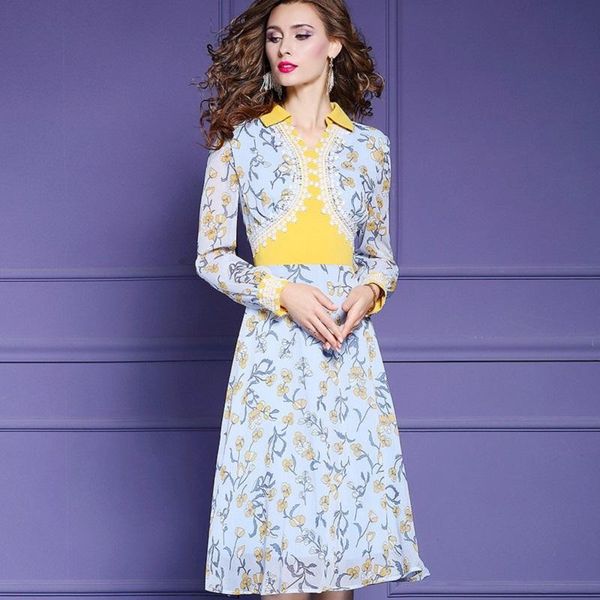 

spring womanliness chiffon lace dress casual long party women vintage large size summer full sleeve printing dresses kg-875, Black;gray