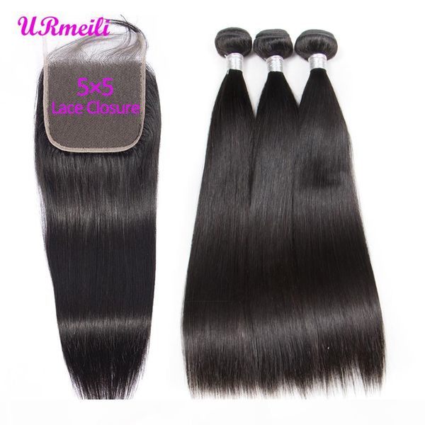 

5x5 brazilian straight virgin hair bundles with closure human hair weave 3 4 bundles with lace closure dhgate brazillian remy hair extension, Black;brown
