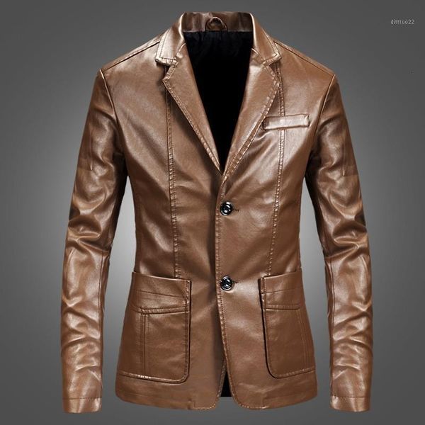 

men's fur & faux smart casual mens lapel leather blazer spring autumn fashion long sleeve single breasted pockets male plus size jacket, Black
