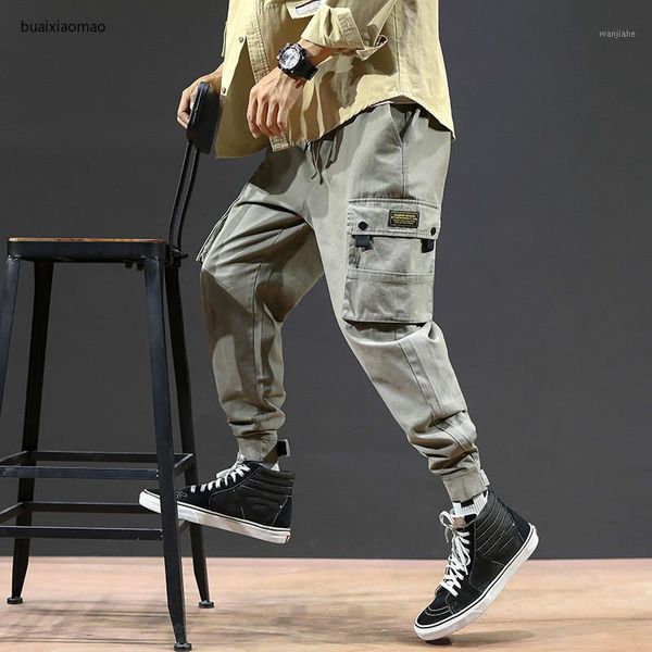 

buaixiaomao plain color multi-pocket fashion ankle-length street-wear men pants casual work cargo pants in men's1, Black