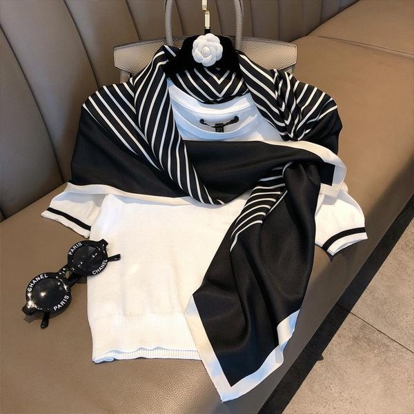 

2020 new european and american wind sunscreen black and white geometric striped pattern square scarf wild 90cm silk scarf wholes wmtnpx, Blue;gray