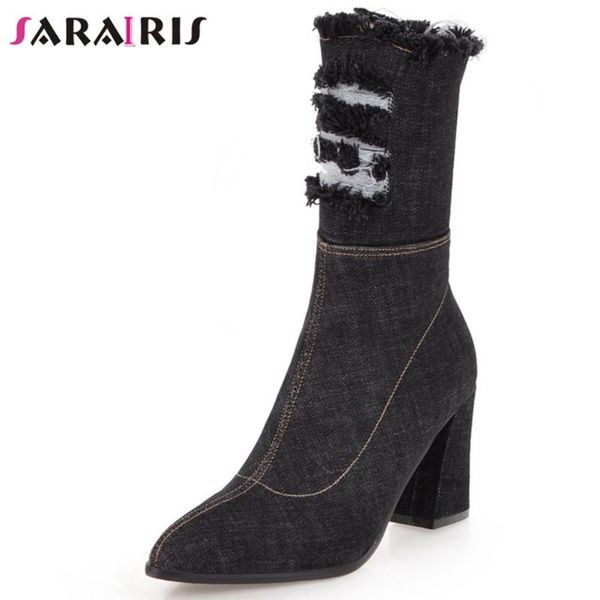 

sarairis сексуальное платье high top ботильоны женщины высокие каблуки сапоги женские джинсовые острым носом обувь, Black