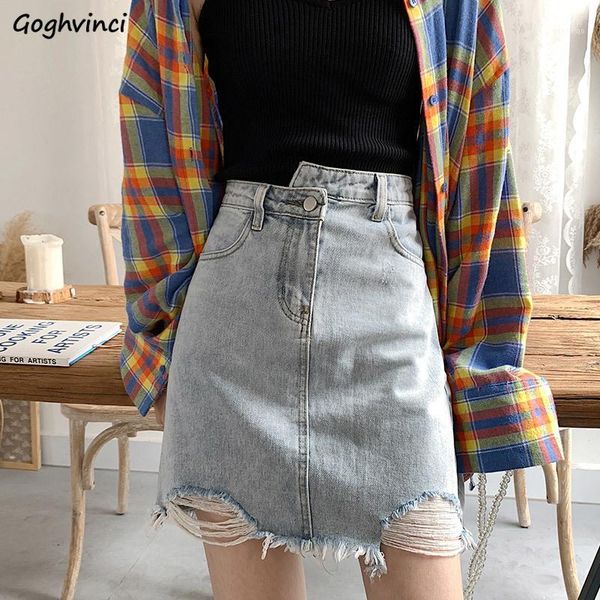 

skirts women irregular denim holes ripped summer simple high waist womens mini skirt hip-hop fashion all-match ulzzang1, Black