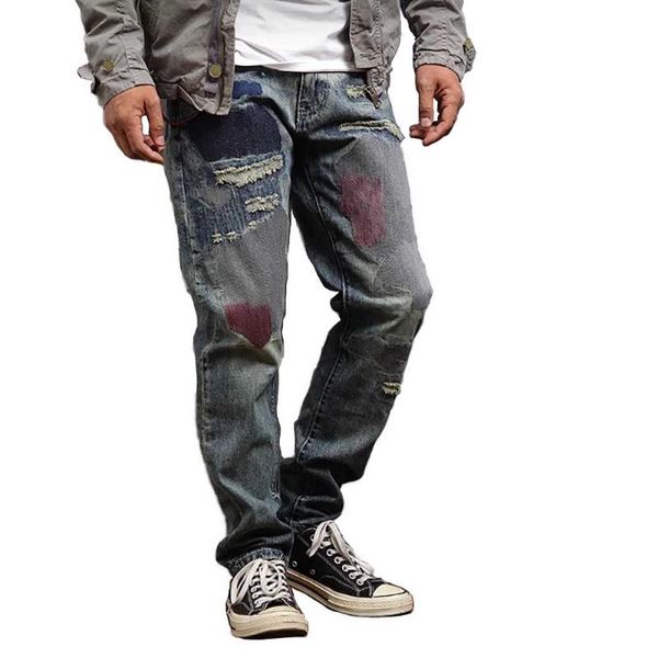 

new fashion distressed retro jeans men casual denim pants slim fit patchwork trousers streetwear joggers clothing, Blue