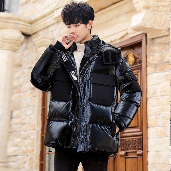 

Bright face down et loose short hooded men's trend thickened coat, Black