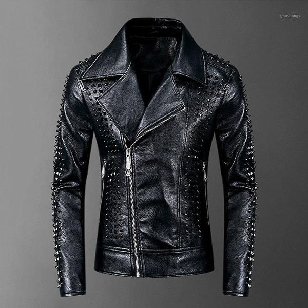 

2020 new men punk rock motorcycle leather jacket fashion diamond rivet pu leather slim fit jackets rider jacket1, Black