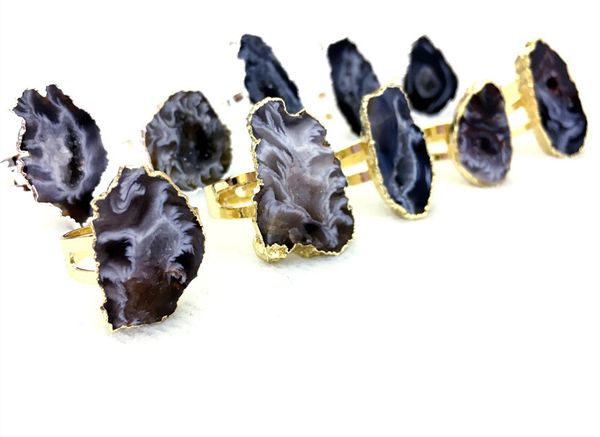 

designer natural agate druzy geode slice ring - gold druzy raw gemstone natural irregular adjustable rings healing stone agate silver rings, Golden;silver