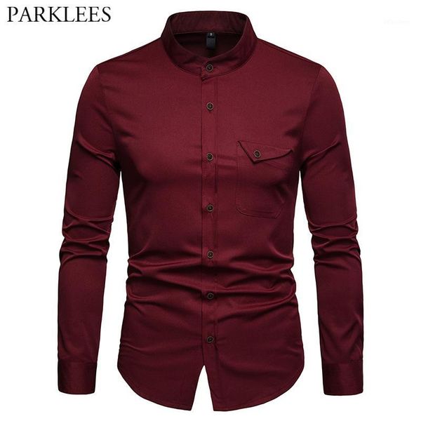 

mens solid mandarin collar shirt 2020 casual slim fit wine red dress shirts for men plus size woke camisas social masculina1, White;black