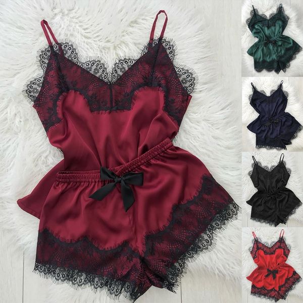 

2021 new fashion underewar women's sleepwear satin pajama set black lace v-neck pyjamas sleeveless cute cami and shorts, Black;white