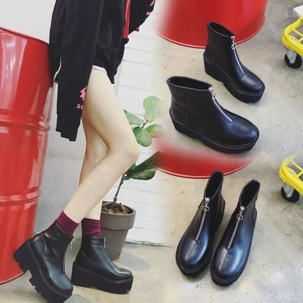 

boots boussac front zipper women round toe black punk platform heel increasing ankle for1