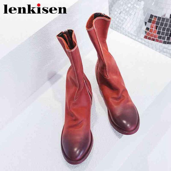 

lenkisen zipper round toe low heels high street fashion large size vintage art design women spring autumn mid-calf boots l16, Black
