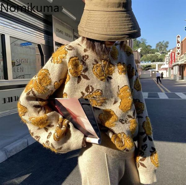 

nomikuma vintage flower sweater women autumn new knitted o neck long sleeve retro loose pullover jumpers sueter mujer lj201126, White;black