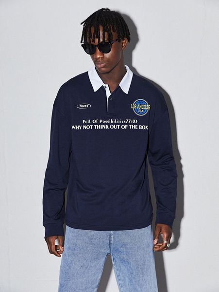 

men slogan & graphic print half placket sweatshirt j7mv#, Black