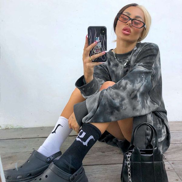 

tie dyed sweater new autumn 2020 mid length loose fitting women's pullover casual top, Black