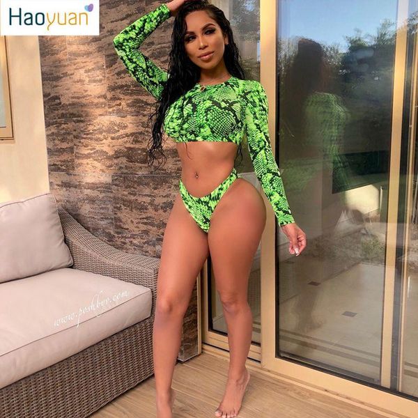 

haoyuan snake print 2 pcs outfits long sleeve crop +panties shorts swim suit summer beach women two piece matching sets1, White