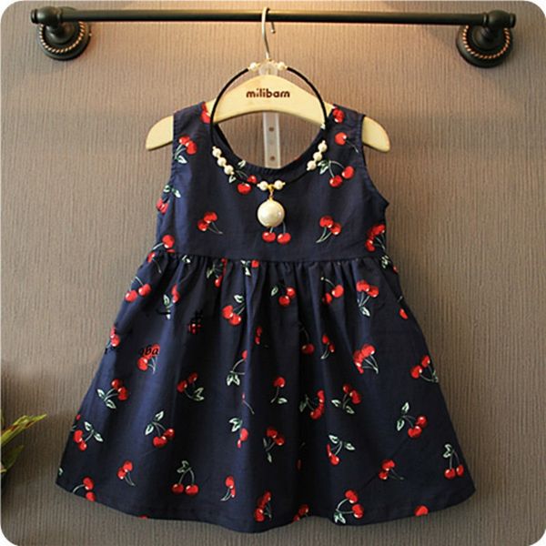 

summer girls cherry pattern sleeveless dress kid size100cm, Black;white