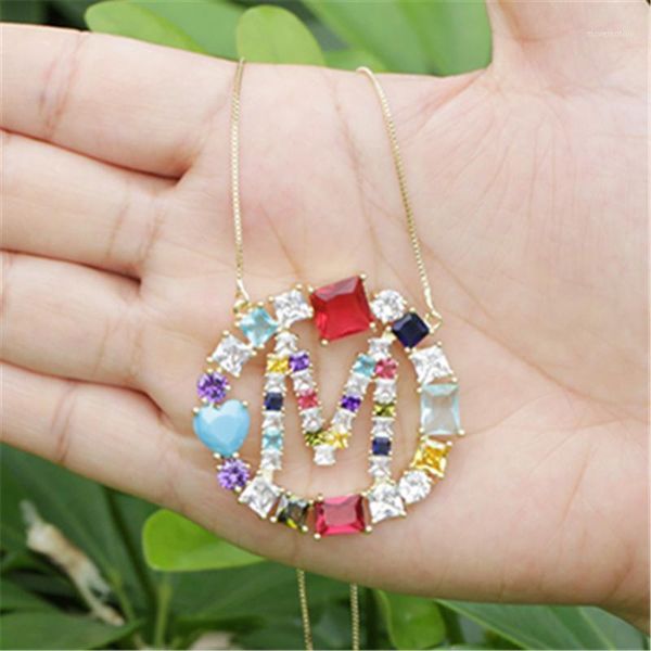 

gold 26 initial alphabet letter name charm pave rectangle rainbow cz zircon delicate gold chain choker pendant necklace women1, Golden;silver