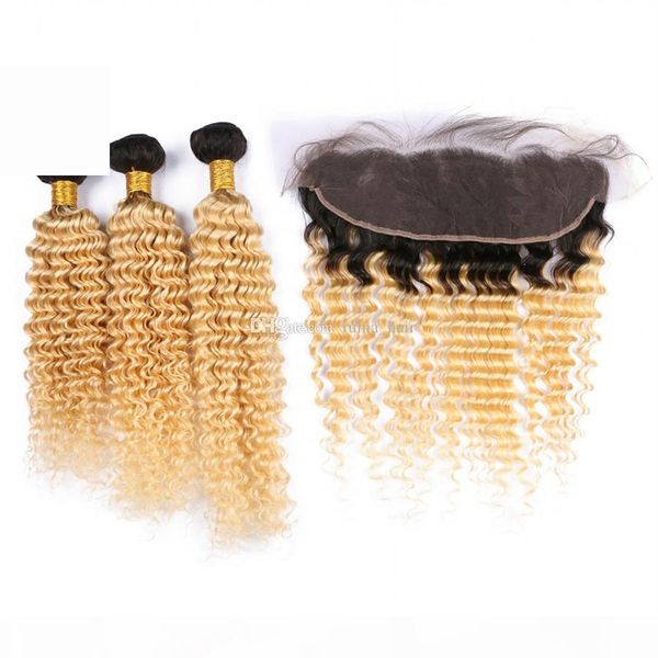 

ombre deep wave lace frontal with hair bundles two tone 1b 613 blonde ombre hair weaves with lace frontal closure ombre hair bundles, Black;brown