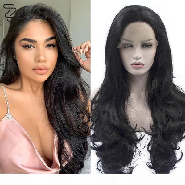 

13*4 long body wave straight glueless synthetic lace front wig heat resistant fiber natural color daily wearing wigs, Black