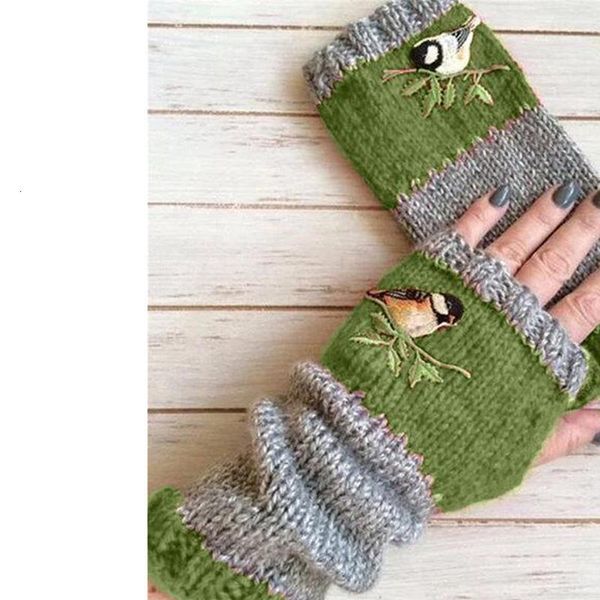 

birds embroidery knitted gloves women girls fashion patchwork color fingerless mittens winter thick warm plus velvet gloves, Blue;gray