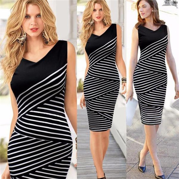

dress for women high waist bodycon pencil dresses black white striped womens dresses summer sleeveless v neck plus size casual, Black;gray