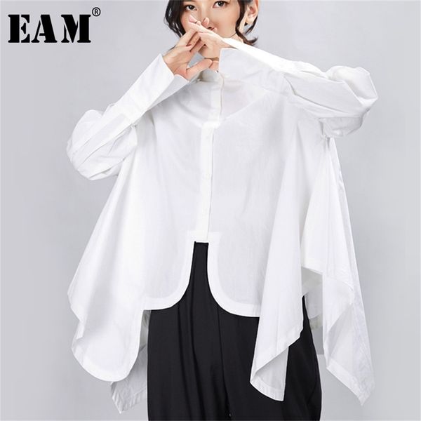 

[eam] women pleated big size irregular blouse new lapel long sleeve loose fit shirt fashion tide spring autumn lj200810, White