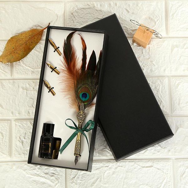 

fountain pens vintage peacock feather pen student writing dip ink calligraphy set metal quill business gift office supplies1