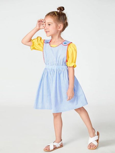 

toddler girls button shoulder contrast trim gingham overall dress she, Red;yellow