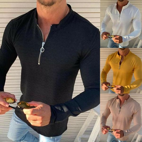 

мода мужская футболка slim fit v-образным вырезом с длинным рукавом тонкая твердая хлопчатобумажная молния мужской осенью мышцы tee повседне, White;black