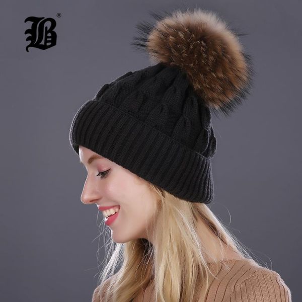 

flb] women's winter hat knitted wool hats for womens girl 'swinter real mink fur pom poms beanies brand new thick female cap wmtc, Black;white