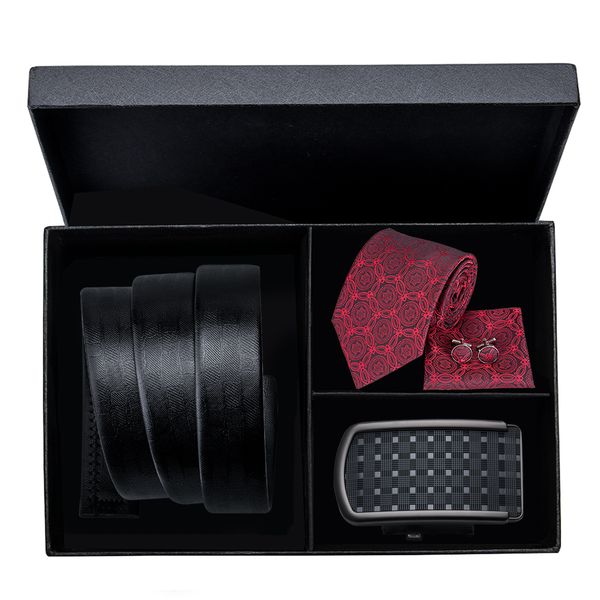

hi-tie luxury designer black leather belts for men fashion red silk neck tie pocket square set wedding ties belt for men gift, Black;brown