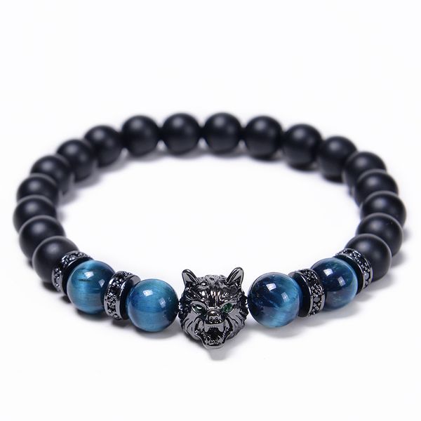 8MM Naturstein Tigerauge Perlenstränge Armbänder Gun Metal vergoldet Wolf Charm Armband für den Großhandel