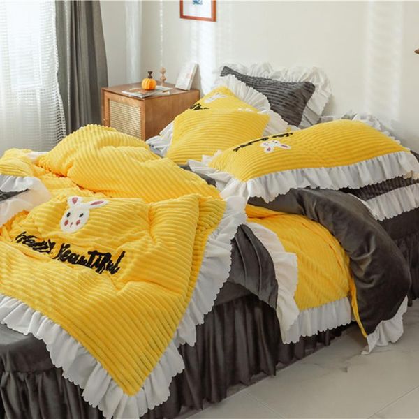 

modern style magic velvet baby velvet 4pcs duvet cover bed sheet pillowcases ruffles yellow ab grey pink bean paste camel