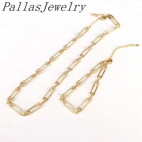 

5pcs unique women jewelry gold filled micro pave cz safety pin link chain choker necklace&bracelet short neckalce, Silver