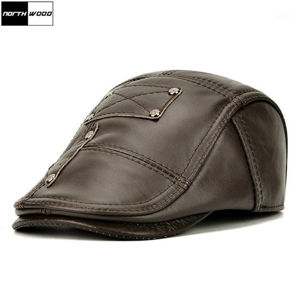 

[NORTHWOOD] Brand Genuine Leather Beret Hat Men Brown Cowhide Winter Berets Ear Flaps Plus Velvet Peaked Cap For Men 20201, Blue;gray
