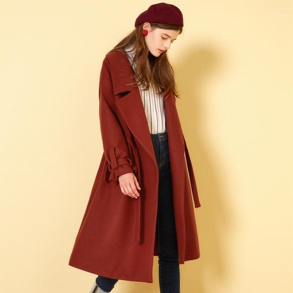 

2020 autumn and winter clothing new sleeves with red woolen coat female woolen coat in the long section slim jacket yyy3491, Black