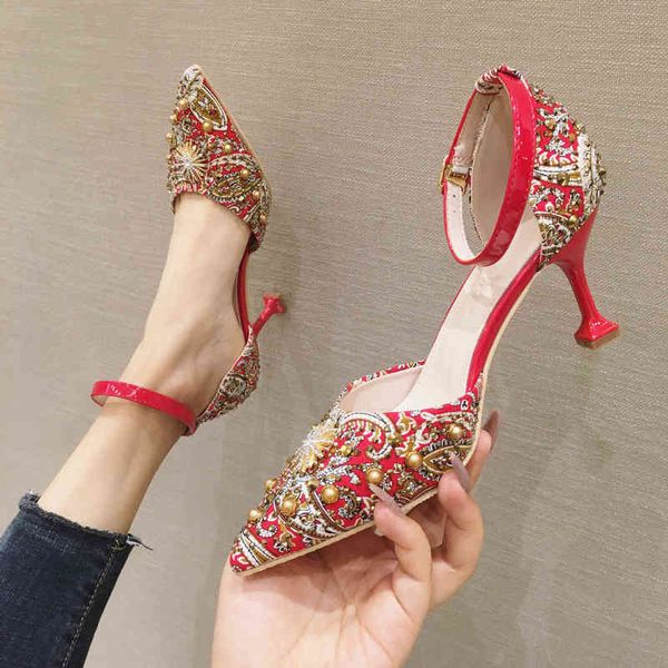 

dress shoes xiuhe wedding summer red high heel's thin heels shallow mouth hollow single shoes small flowers, Black