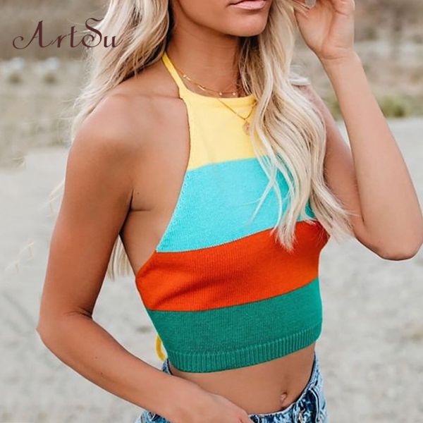 

artsu summer rainbow knitted halter cropped sleeveless backless beach boho cami vest streetwear asve20765 y200701, White