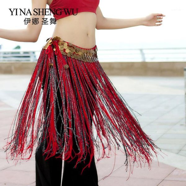 

new american tribal style belly dance classical long tassel hip scarf copper coin waist chain tribal style belly dance props red1, Black;red