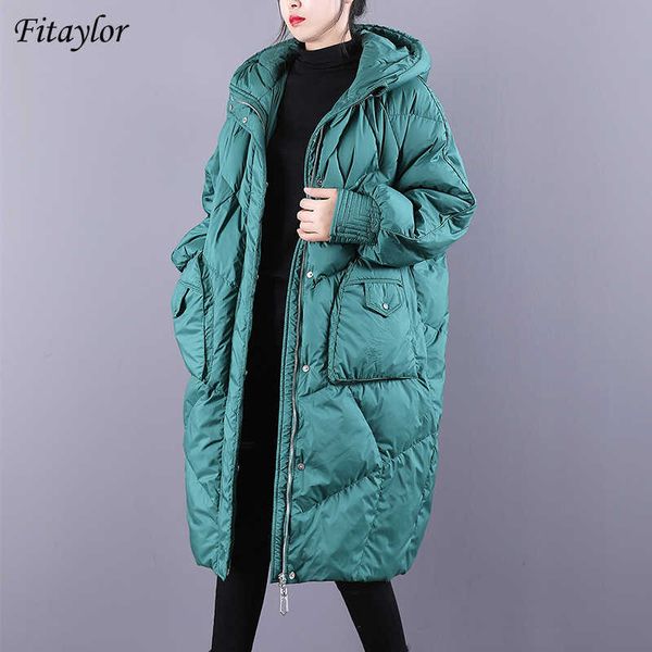 

fitaylor winter loose hooded long jacket women 90% white duck down coat hight quality bread parka thick warm splicing outwear 201124, Black