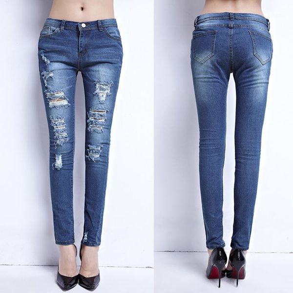 

elastic force pure cotton holes pencil bound feet jeans woman plus size1, Blue